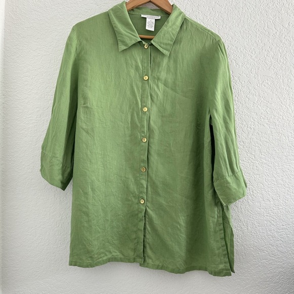 Sarah Spencer Woman 1X Linen Green Button Dwn 3/4 Sleeve Tunic Top Casual Resort - Picture 1 of 9